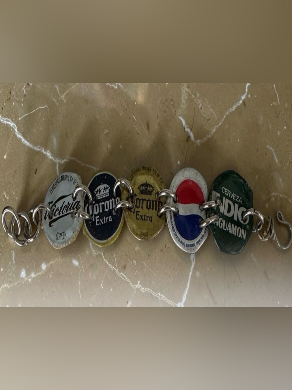 Vintage Handmade Bottle Cap Bracelet with Corona, Pepsi & More - Multicolor
